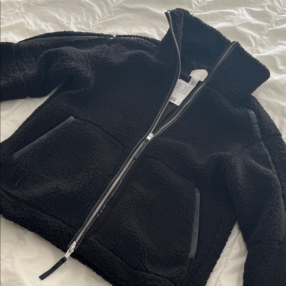 H&M Black Sherpa Zip Jacket with Silver Zipper